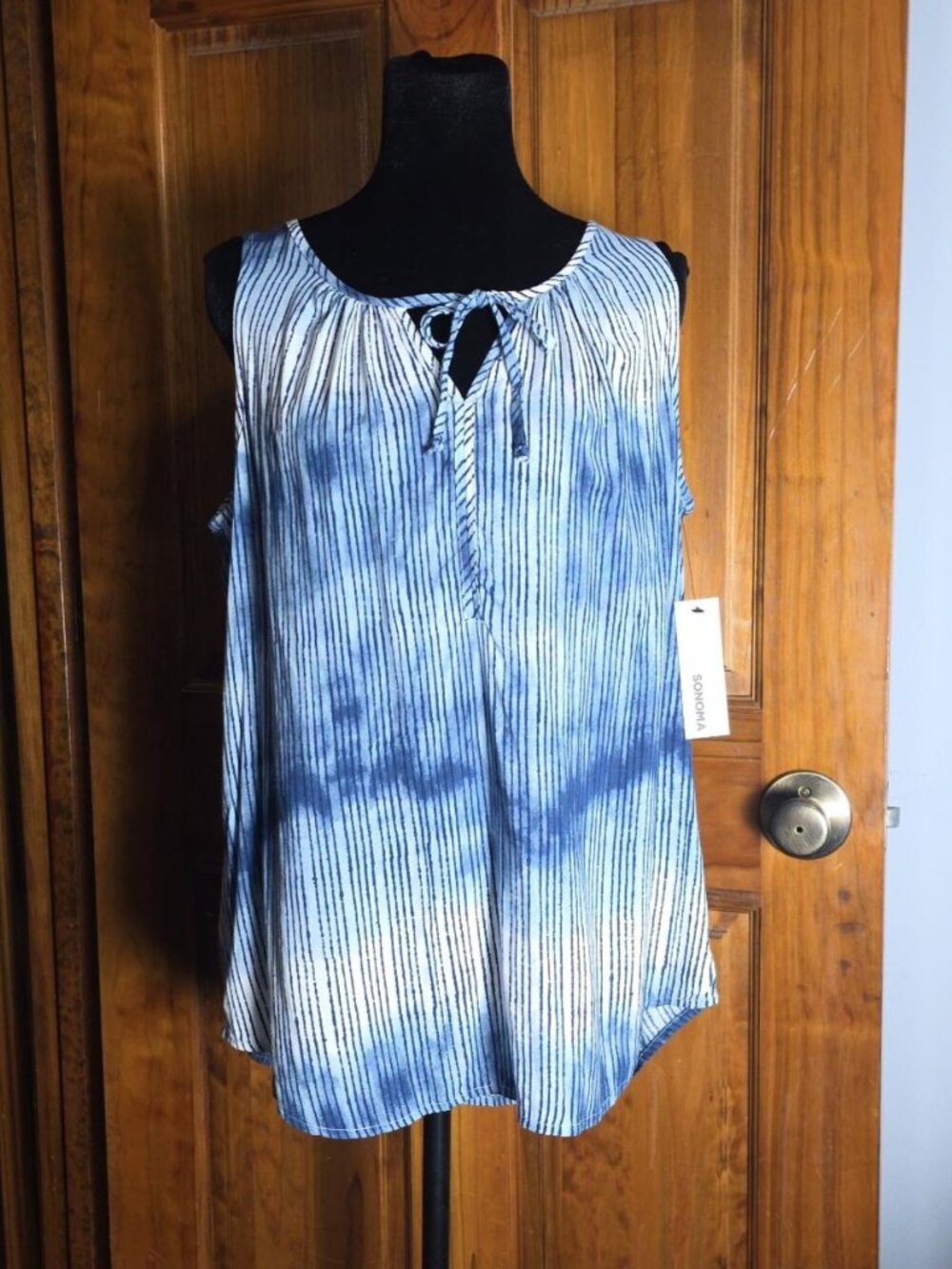 Blue White Sleeveless Vertical Stripes Challis Tank Top